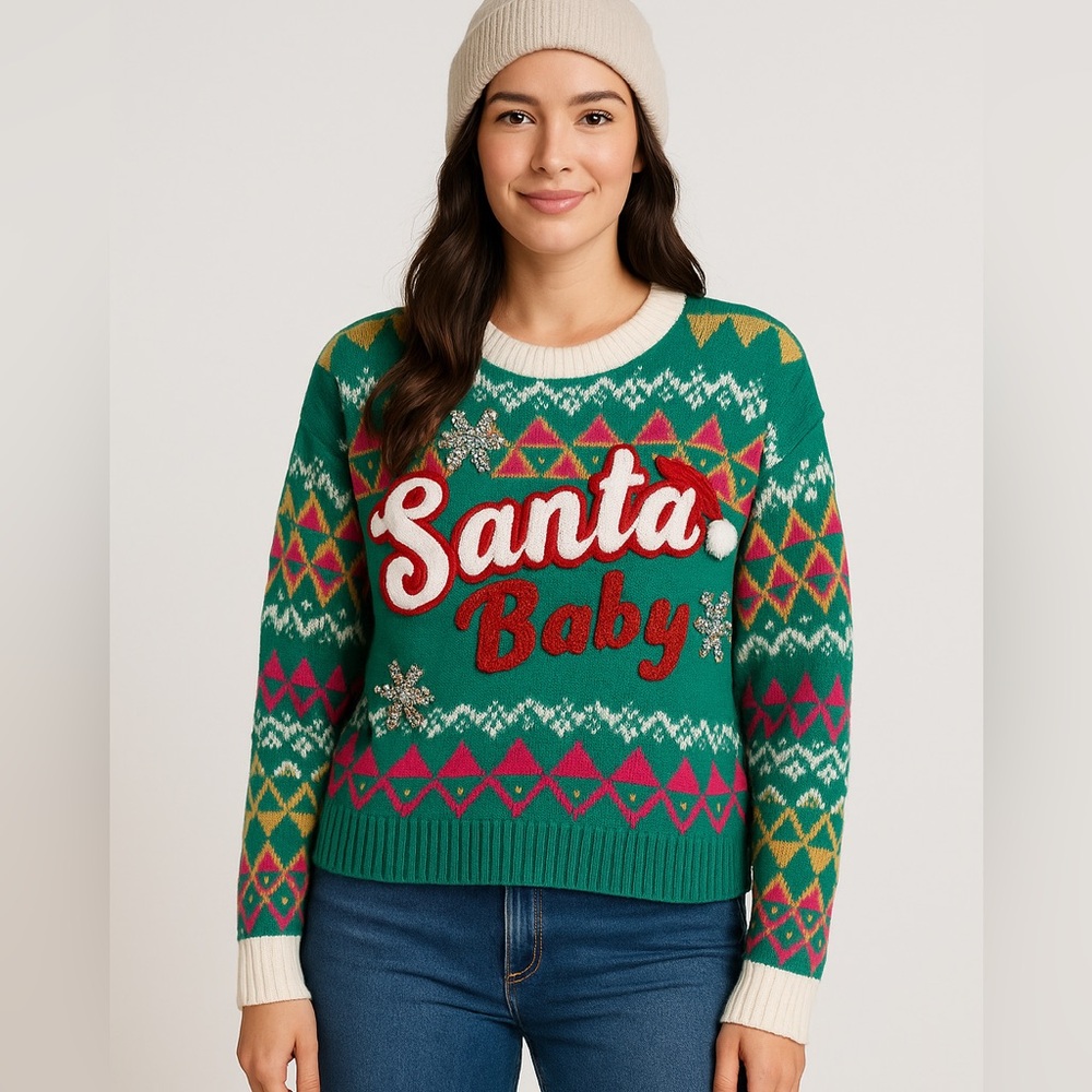 Santa Baby Ugly Christmas Sweater Green‎ Sequin Knit XL Jolly Sweaters